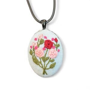Red & Pink Roses Embroidery Necklace Handmade Pendant Jewelry